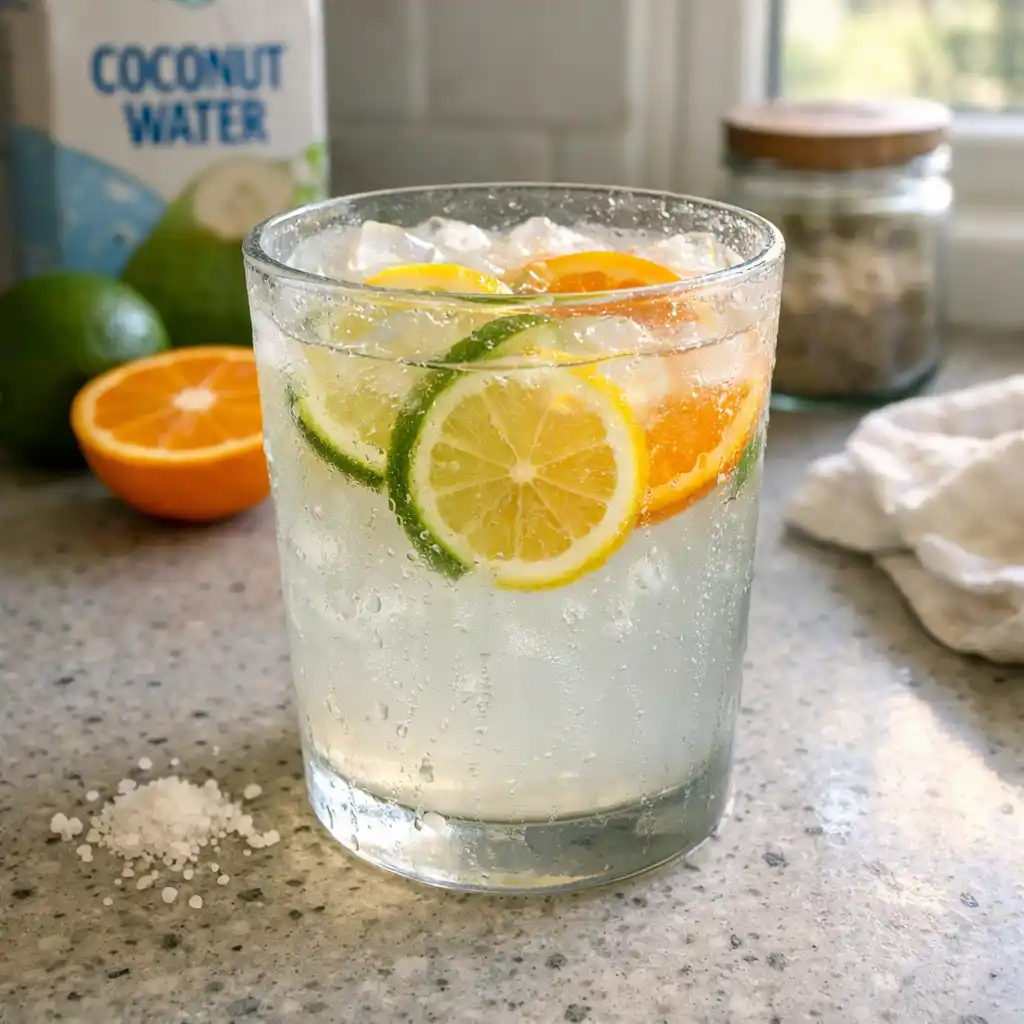 Homemade electrolyte drink with citrus in a frosty glass – a natural hydration boost for steady energy