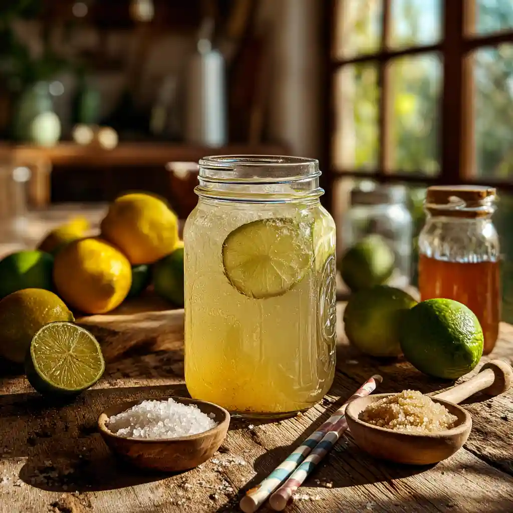 Hand holding a glass of homemade electrolyte drink by a bright kitchen window