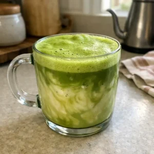 Homemade matcha latte with frothy green top and oat milk swirls in a glass mug
