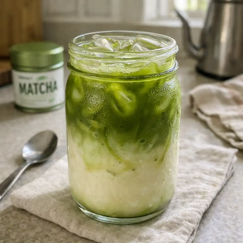 Iced matcha latte in a mason jar with ice and creamy milk layers