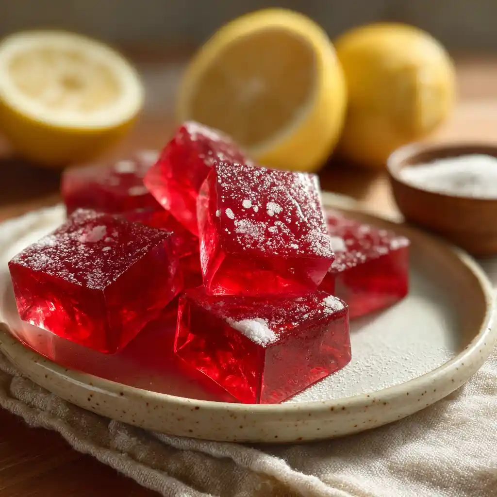 Close-up cubes of jello weight loss recipe on a ceramic dish with lemon and gelatin powder