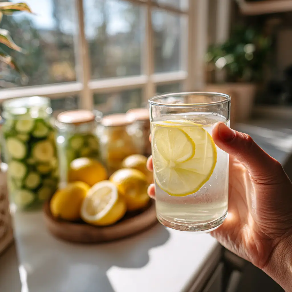 Detox water with lemon and cucumber in a pitcher – refreshing support for daily walking routines