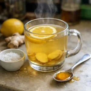 Hand holding warm lemon ginger honey water by a bright kitchen window – cozy wellness morning vibe