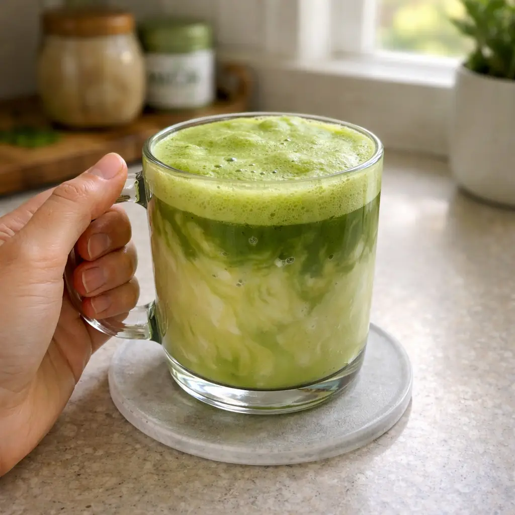Hand holding a frosty matcha health benefits by a bright kitchen window with blurred ingredients behind