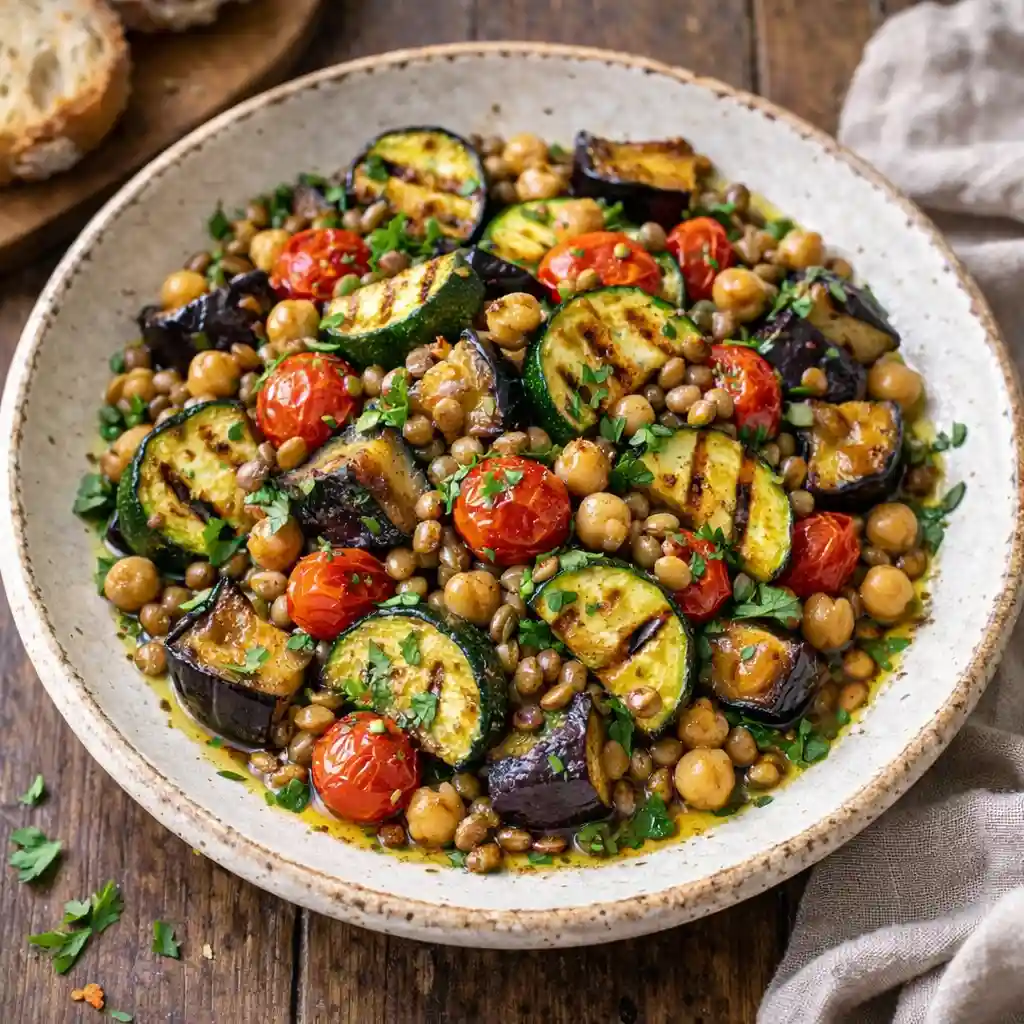 Mediterranean vegetarian meal with grilled vegetables and herbs