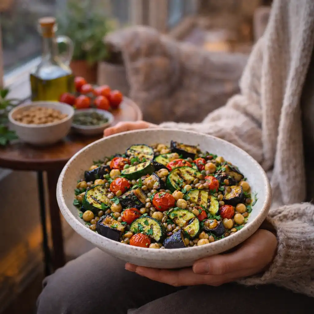 Mediterranean vegetarian dish with roasted vegetables, chickpeas, lentils, and herbs