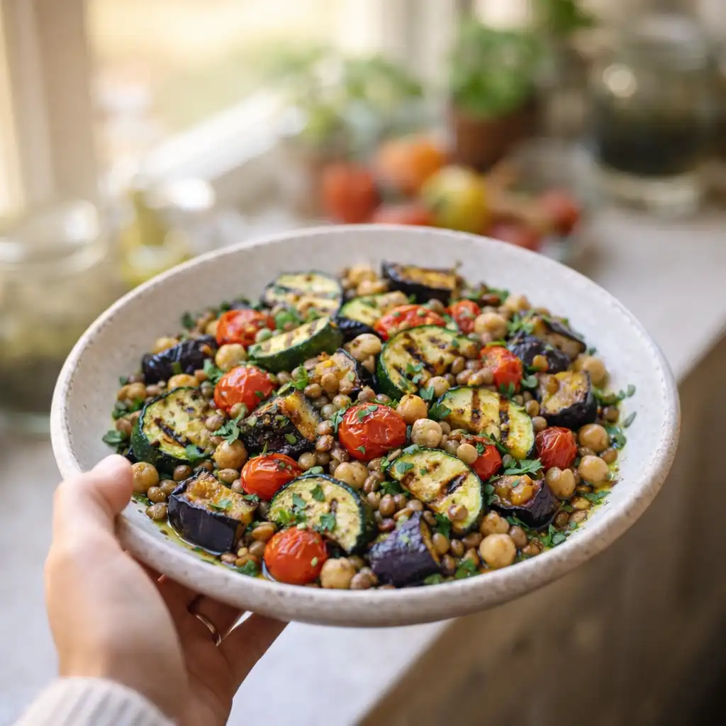 Featured bowl of Mediterranean vegetarian recipe with roasted vegetables and legumes