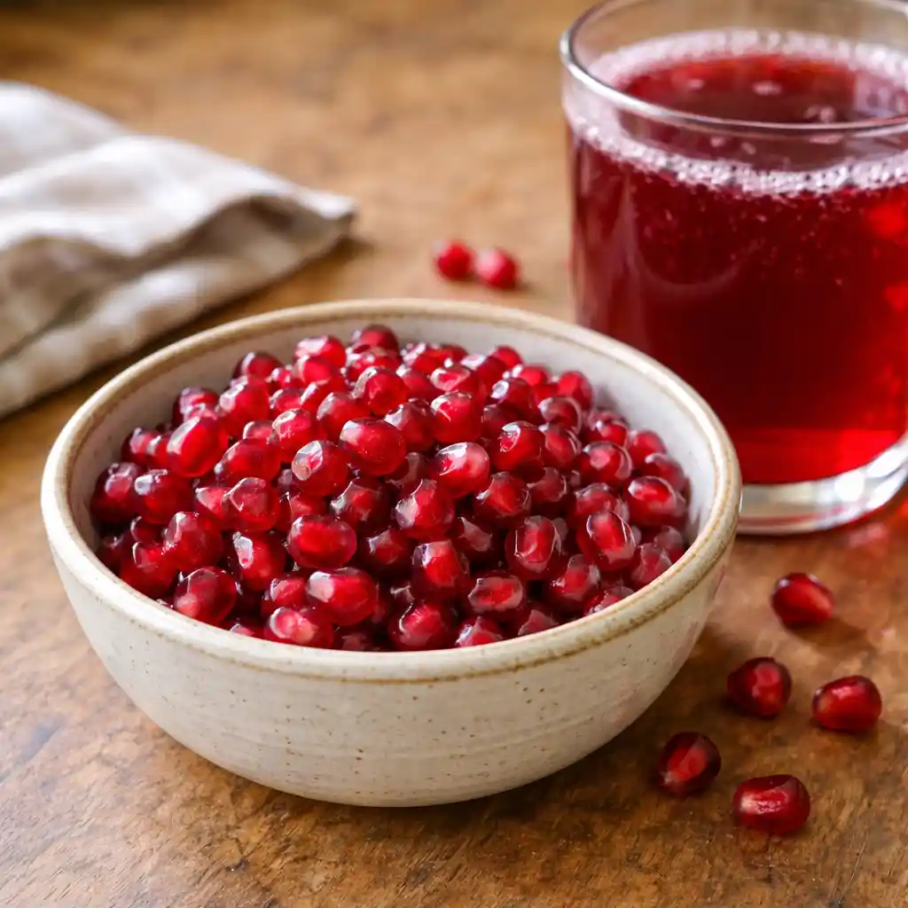 pomegranate health seeds in bowl with glass of juice