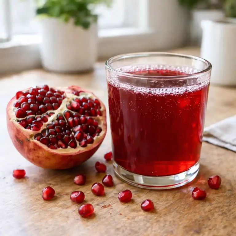 Whole and cut pomegranate with fresh juice on kitchen counter