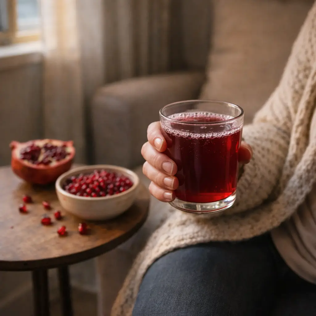 Hand holding fresh pomegranate health juice near kitchen window