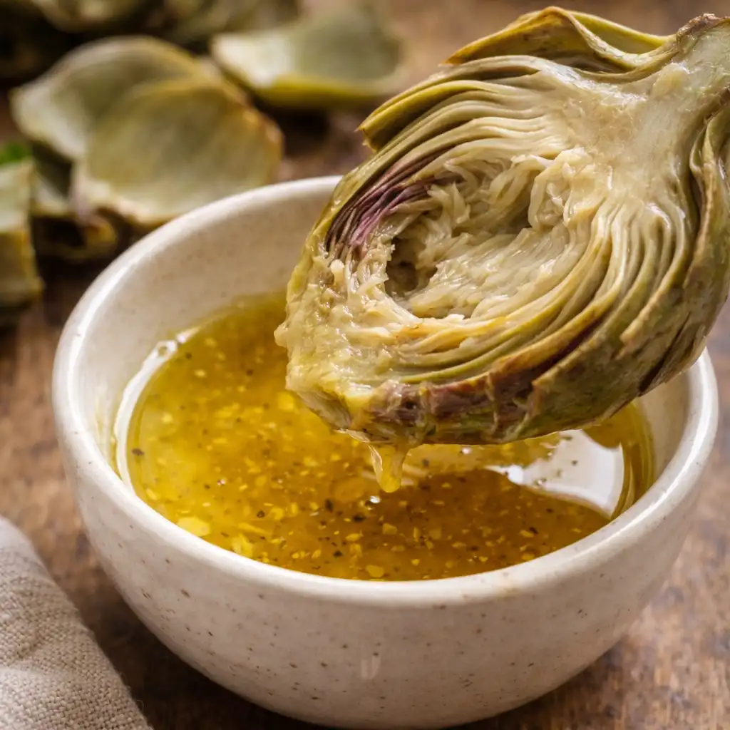 Close-up of a steamed artichoke heart with dipping sauce