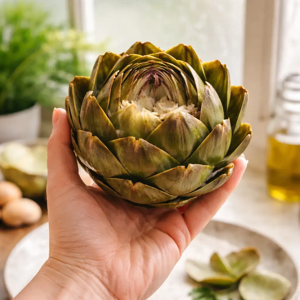 Hand holding a freshly steamed artichoke near a kitchen window