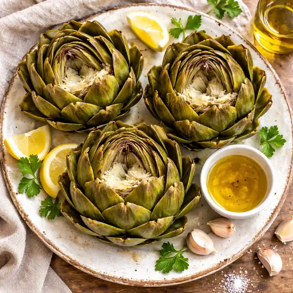 artichoke health benefits - Whole steamed artichokes styled as a featured Mediterranean dish