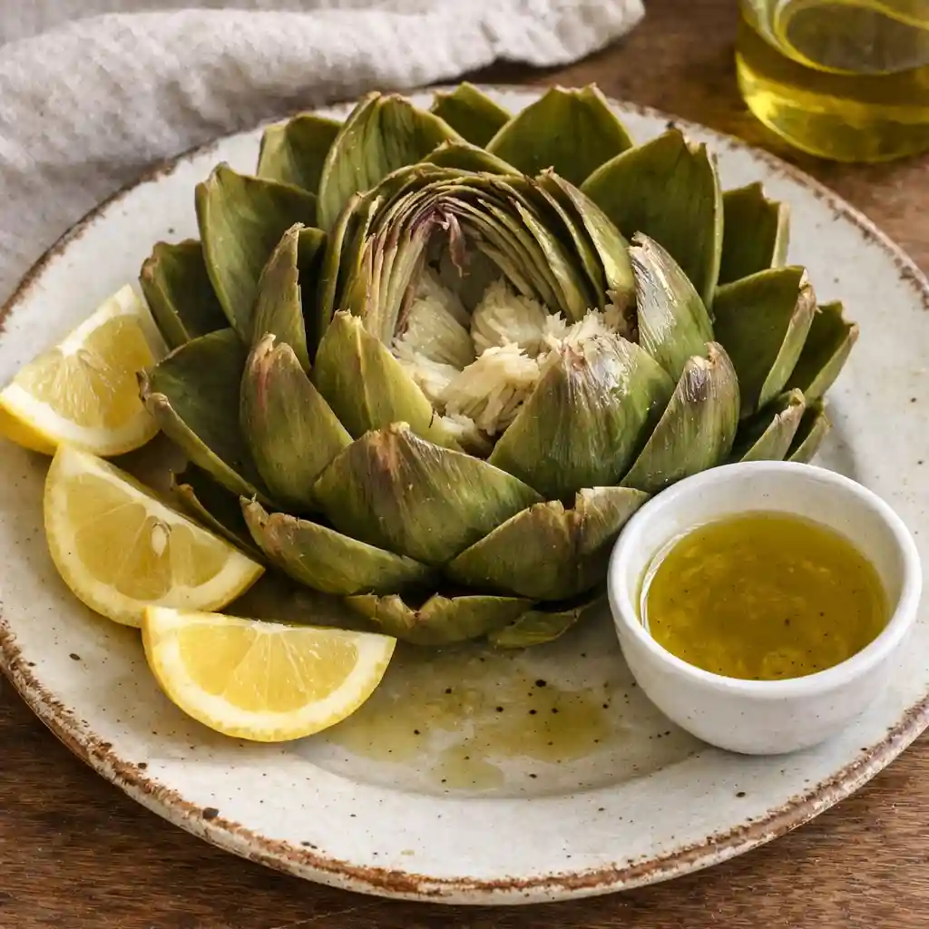 Steamed artichokes on a rustic plate with lemon and olive oil