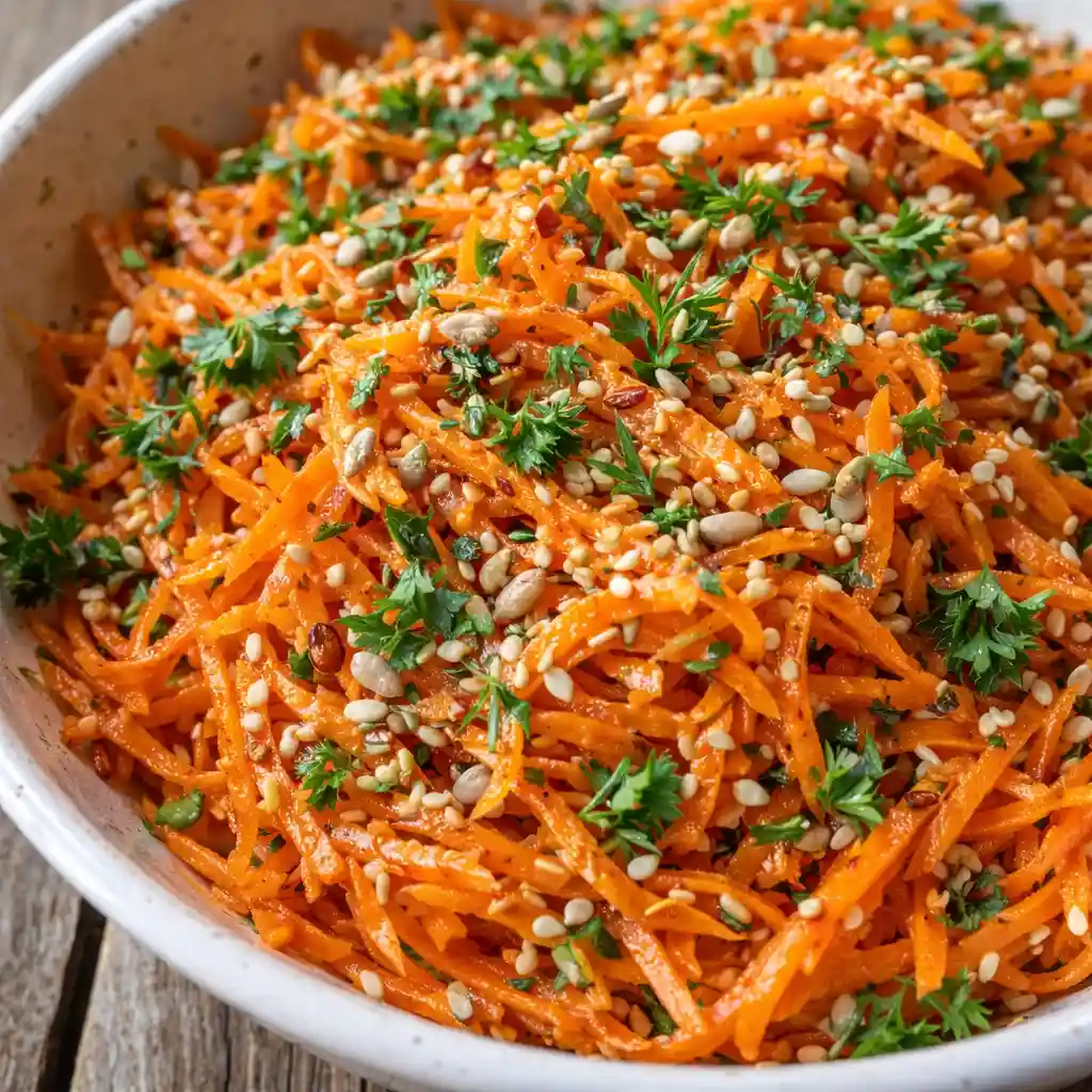 Close-up carrot salad with herbs and crunchy toppings