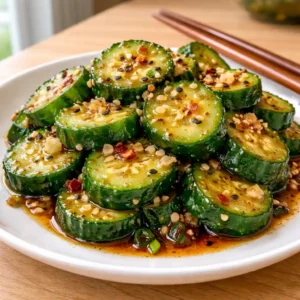Featured photo of TikTok viral cucumber salad on a white plate with sesame seeds and scallions
