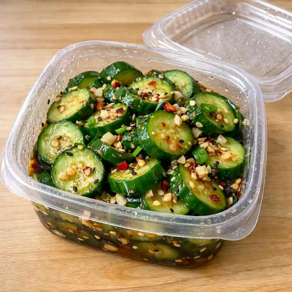 Viral cucumber salad in a takeout container with soy sauce, sesame oil, garlic, and chili flakes
