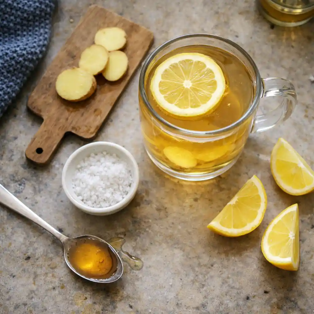 Featured photo of home remedies for hangover with honey jar and fresh lemon – hangover recovery drink