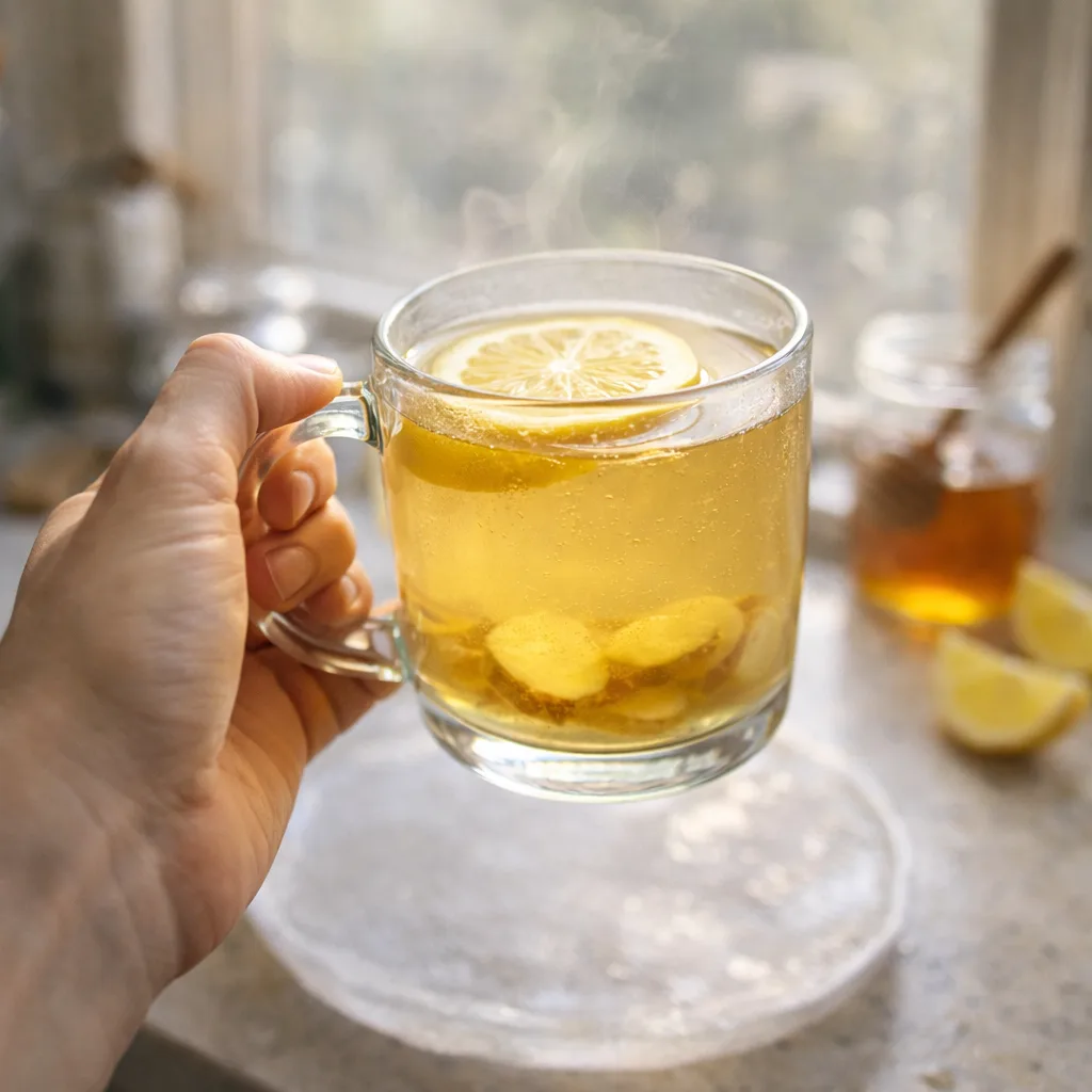 Warm lemon ginger honey water in a glass mug with lemon and ginger – simple home remedy for hangover relief