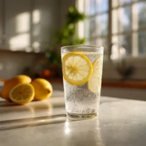 Warm lemon water in a clear glass with fresh lemon slices – simple hydration for weight goals
