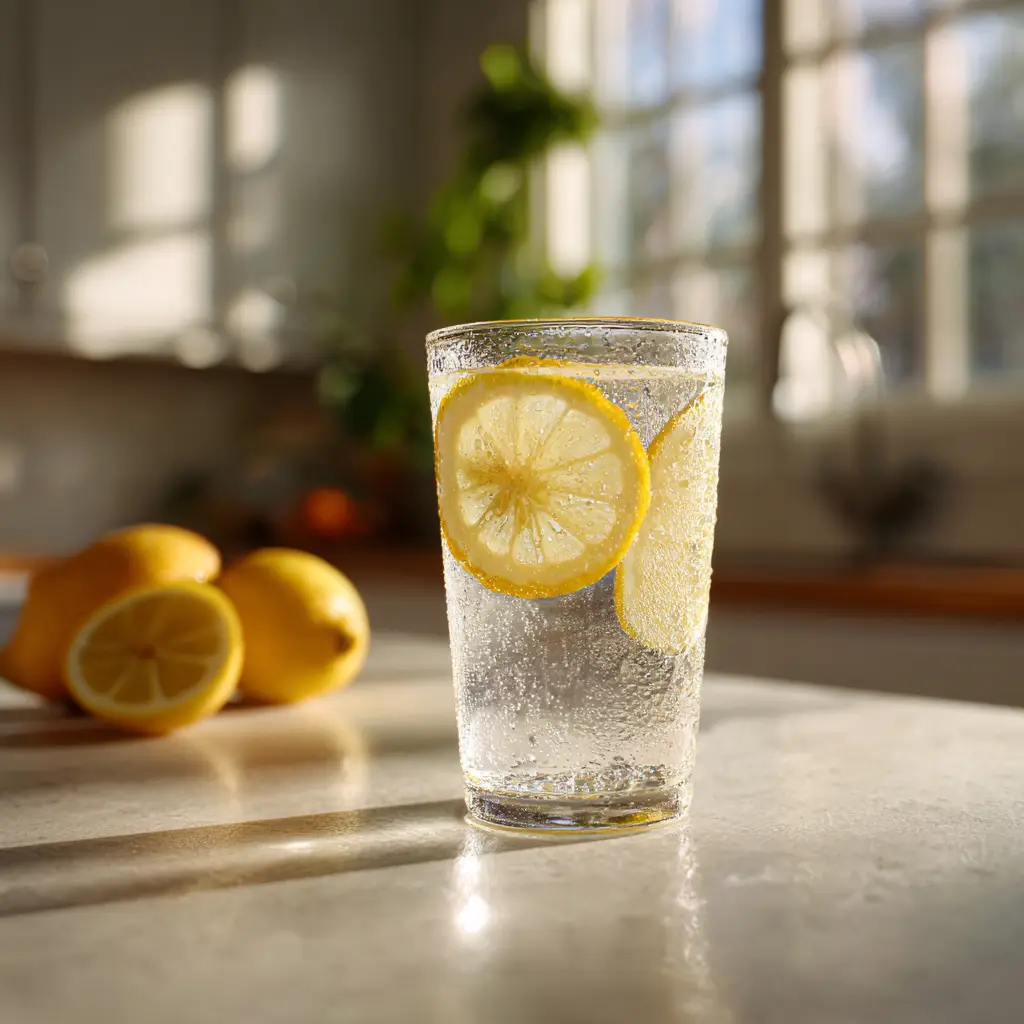 Warm lemon water in a clear glass with fresh lemon slices – simple hydration for weight goals