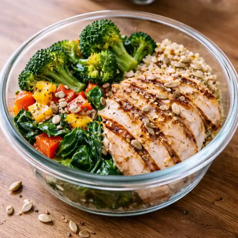 Close-up bowl of weight loss meal prep with chicken, quinoa, and roasted vegetables