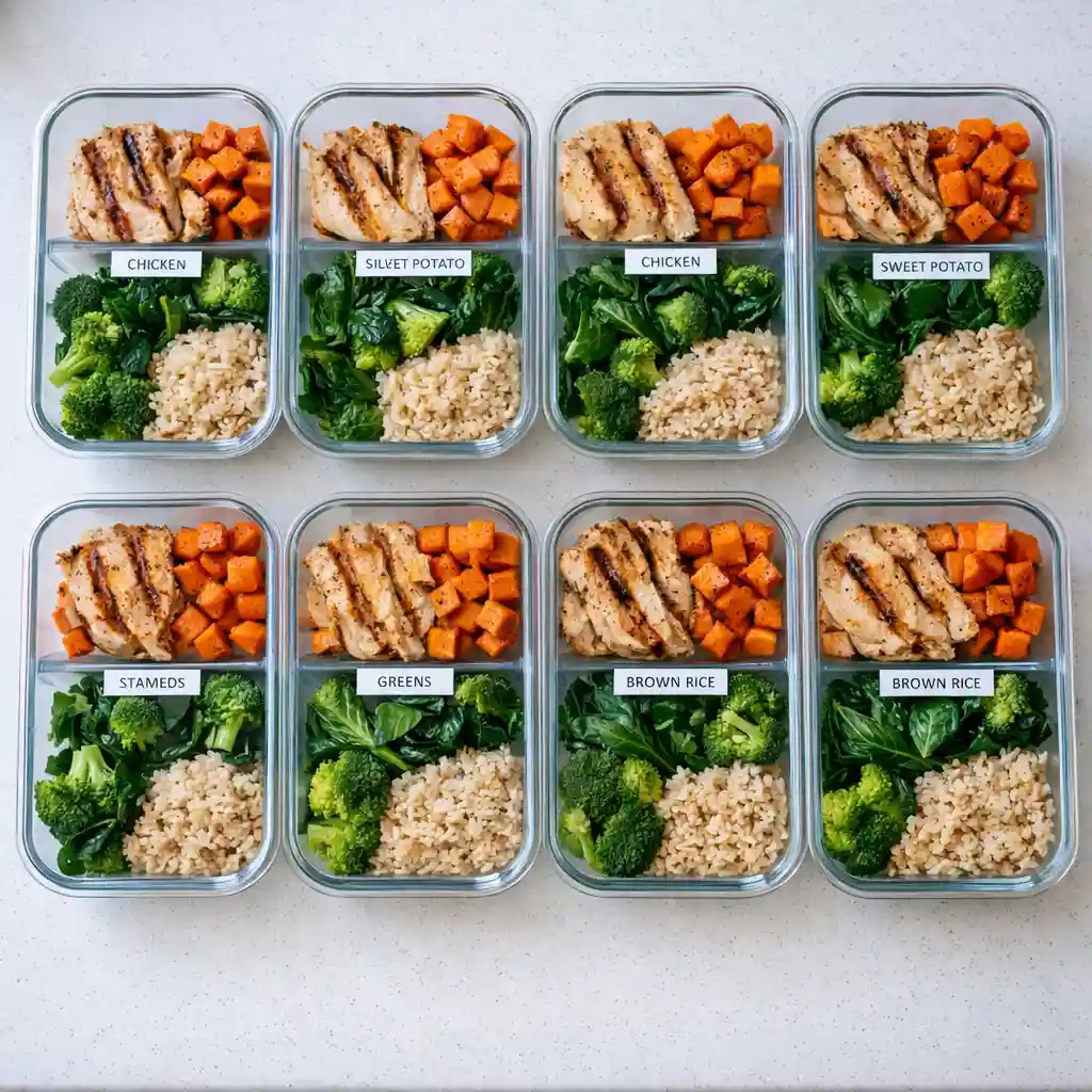 weight-loss-meal-prep-containers-overhead Overhead view of weight loss meal prep containers with grilled chicken, sweet potatoes, greens, and brown rice