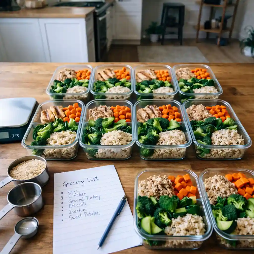 weight-loss-meal-prep-featured-setup Featured weight loss meal prep setup with scale, measuring cups, and colorful containers
