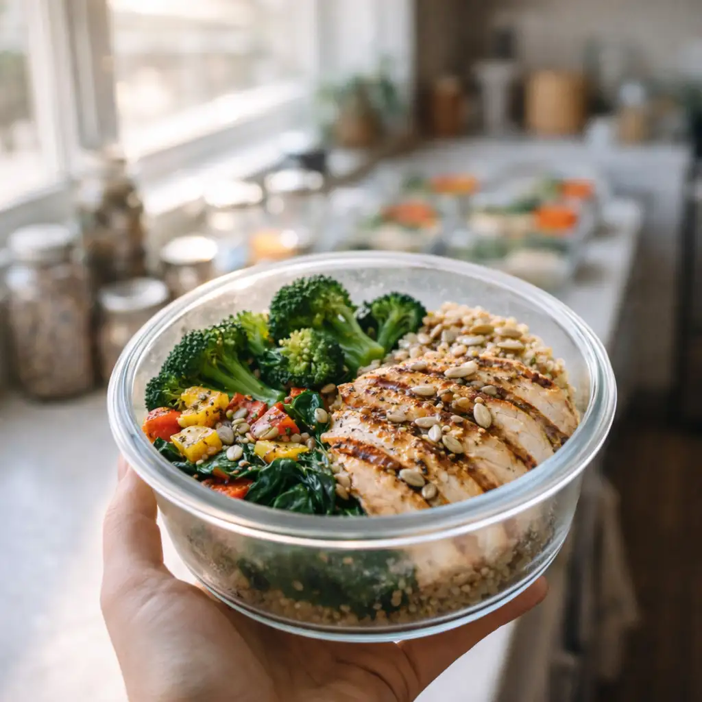 Hand holding a healthy weight loss meal prep bowl by a bright kitchen window