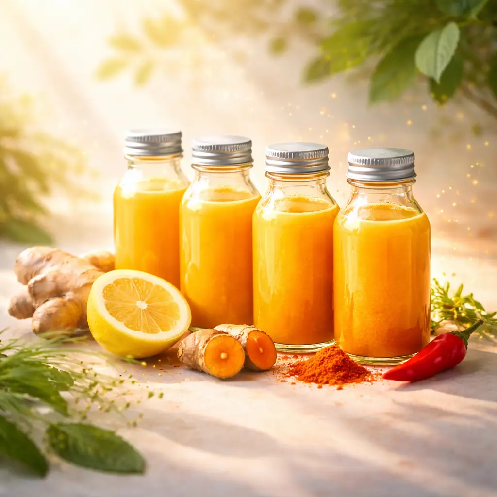 abstract wellness image of glowing immunity shots in glass bottles with warm tones and botanical elements