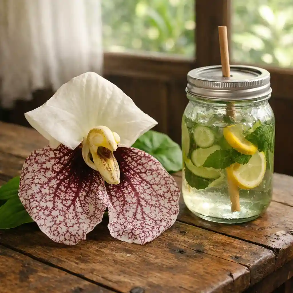 Aristolochia grandiflora duck flower on wooden table beside detox water jar in tropical natural light