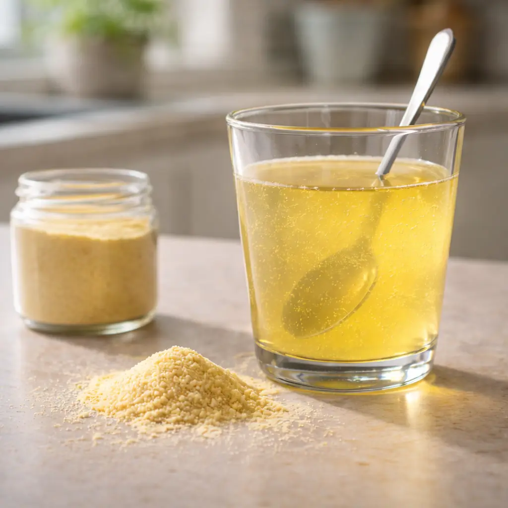 Gelatin drink on kitchen table beside notebook labeled facts vs hype in soft daylight