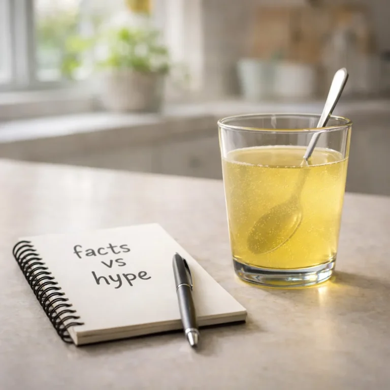 Gelatin drink on kitchen table beside notebook labeled facts vs hype in soft daylight