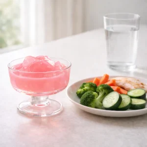 Balanced lifestyle concept with pink gelatin dessert, fresh vegetables, and water in bright kitchen setting