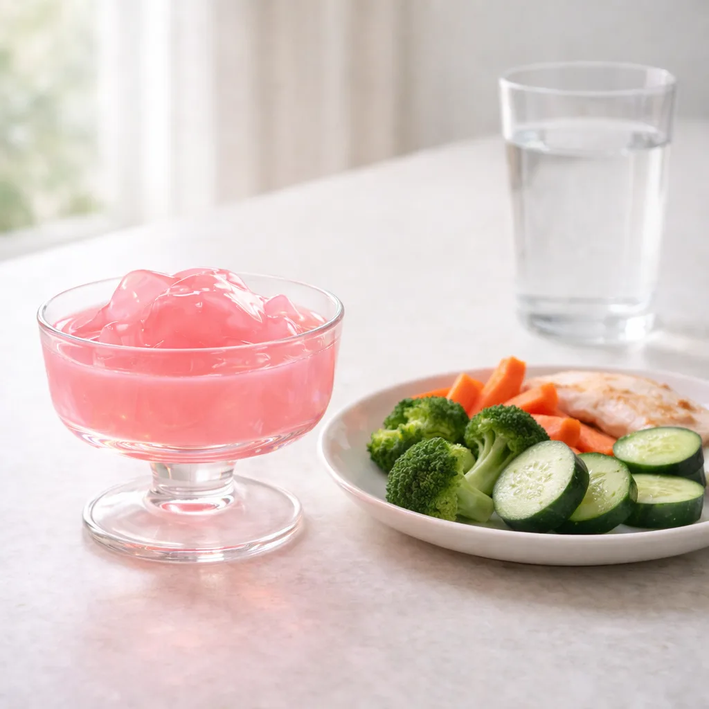 Balanced lifestyle concept with pink gelatin dessert, fresh vegetables, and water in bright kitchen setting