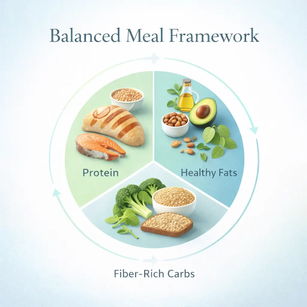 cortisol detox recipes - Balanced meal framework diagram showing protein, healthy fats, and fiber sources