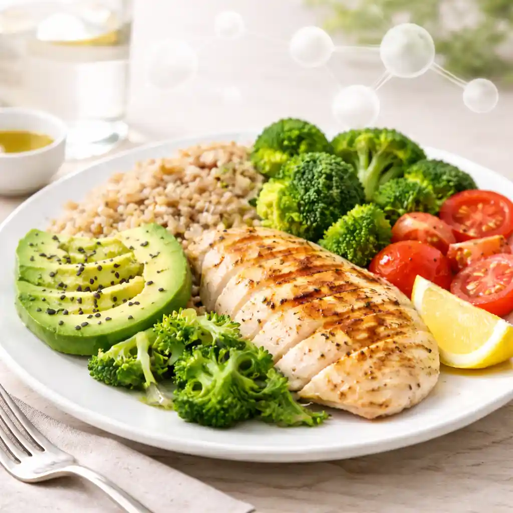 balanced-nutrition-plate-protein-molecule-concept kelly clarkson gelatin trick_Balanced nutrition plate with grilled chicken, vegetables, whole grains and subtle protein molecule overlay