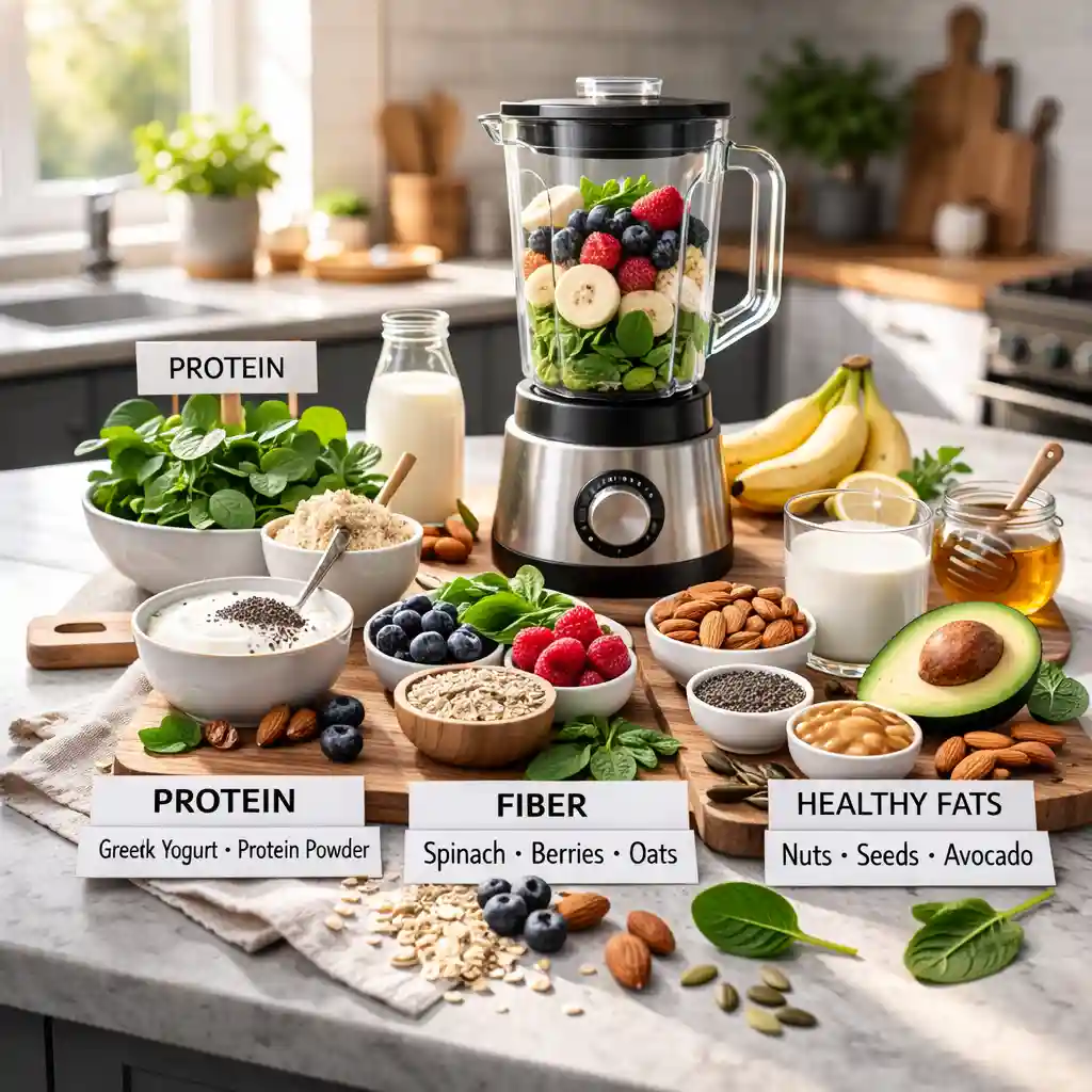 balanced-smoothie-ingredients-protein-fiber-healthy-fats balanced smoothie ingredients in small bowls labeled protein fiber and healthy fats next to blender in bright kitchen