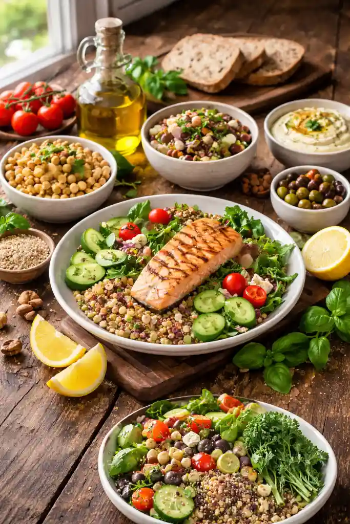 Bright Mediterranean diet spread with grilled salmon, olive oil, quinoa, chickpeas, and fresh vegetables on rustic table