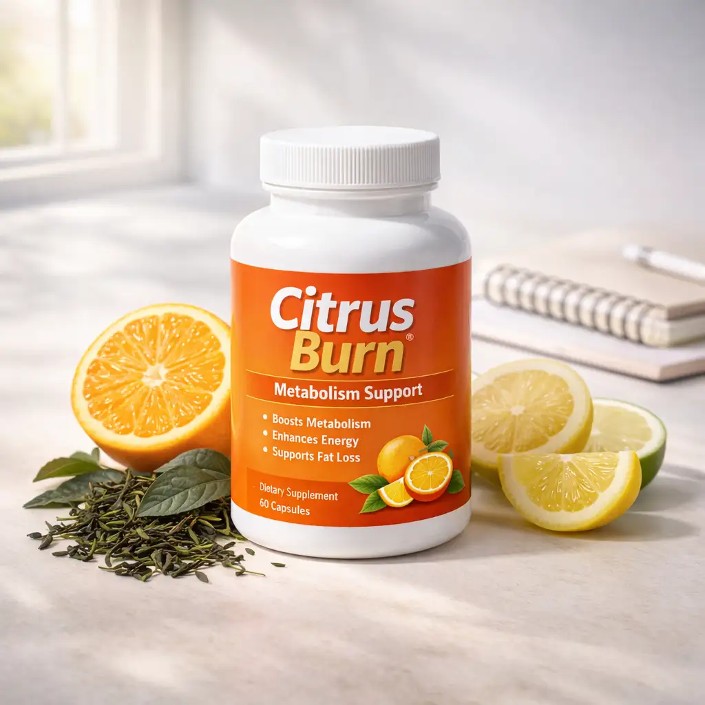 Featured Citrus Burn supplement photo with citrus and green tea leaves