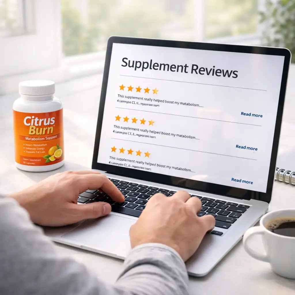 Vertical flat-lay Pinterest image with Citrus Burn, citrus slices, and wellness journal