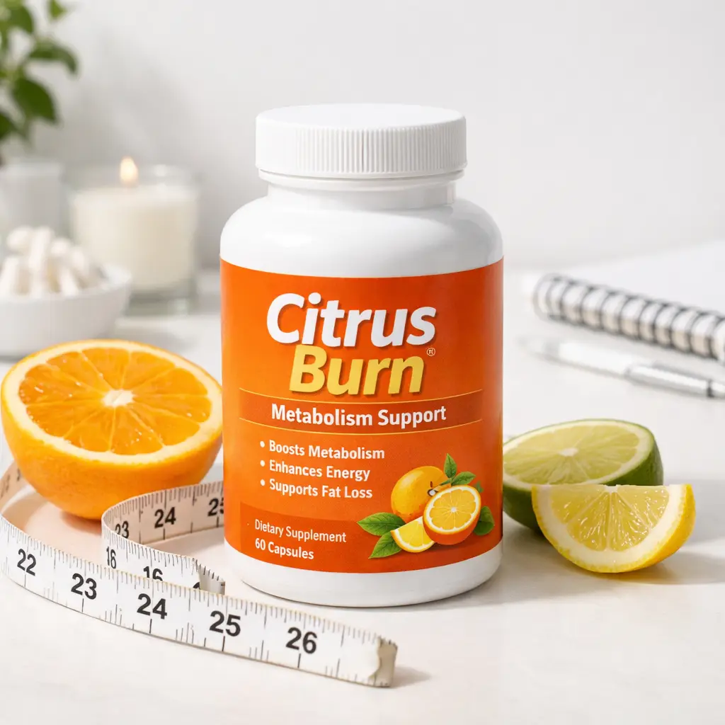 Citrus Burn supplement bottle on a clean white wellness desk with citrus slices