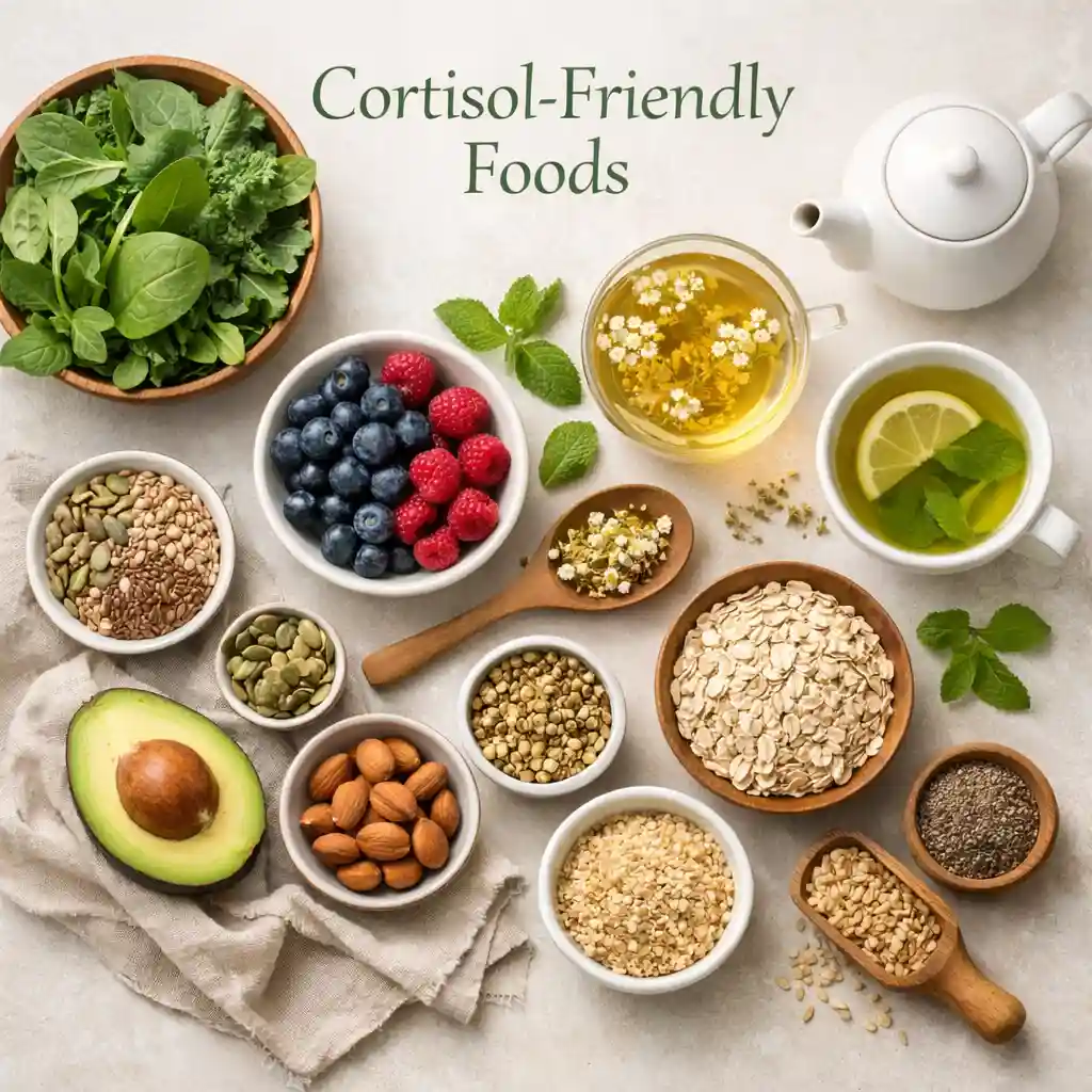 Modern editorial flat-lay of cortisol-supportive whole foods arranged on a bright kitchen counter