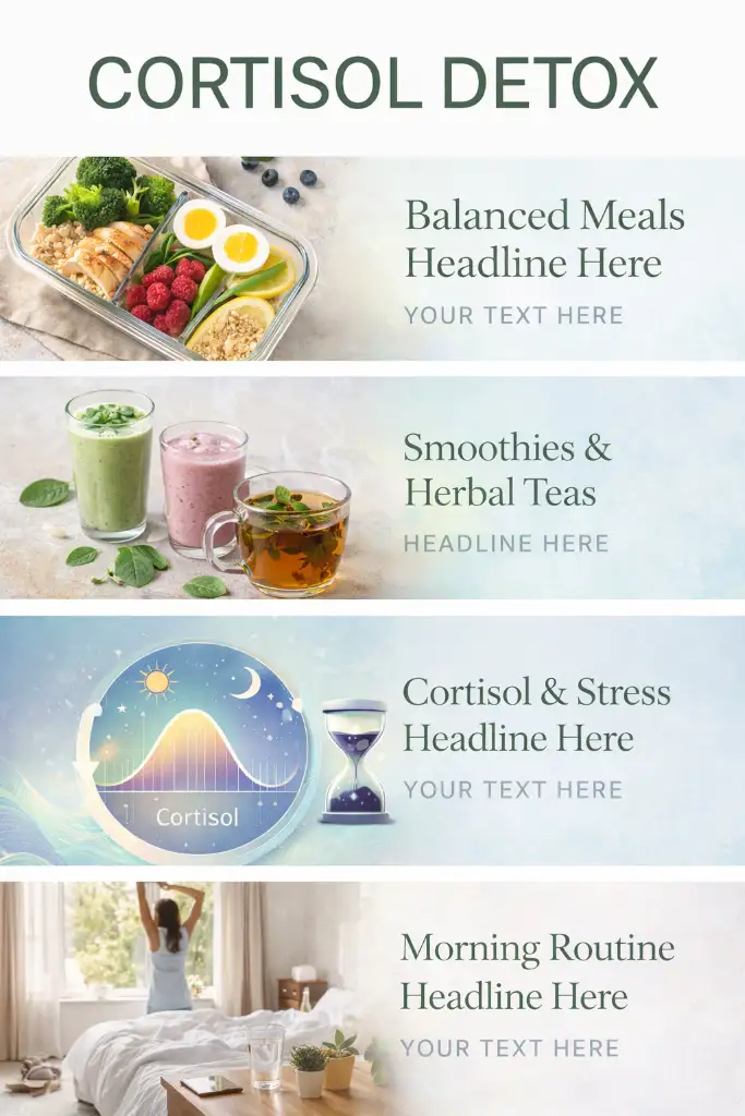 cortisol detox recipes - Vertical wellness collage featuring cortisol-friendly foods, routines, and hormone balance graphics