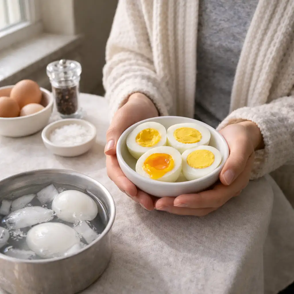 cozy-kitchen-breakfast-perfectly-boiled-eggs-soft-window-light Cozy kitchen breakfast scene with person holding bowl of perfectly boiled eggs in soft window light