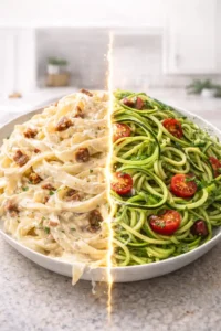 Vertical split image of creamy pasta transforming into zucchini noodles in bright modern kitchen