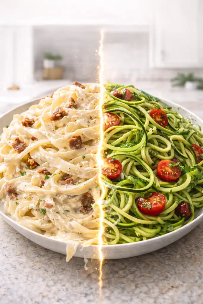 Vertical split image of creamy pasta transforming into zucchini noodles in bright modern kitchen