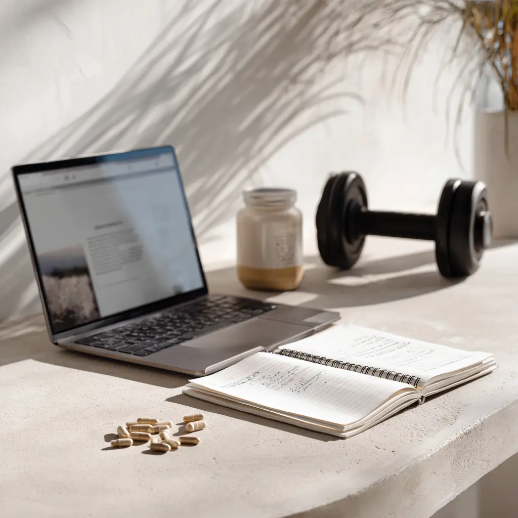 Laptop displaying supplement research with gym equipment nearby