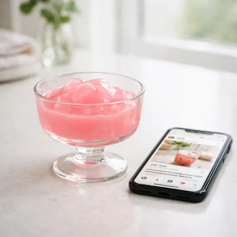Modern editorial header image of Dr Oz Pink Gelatin Trick with pink gelatin in glass cup and smartphone on white counter