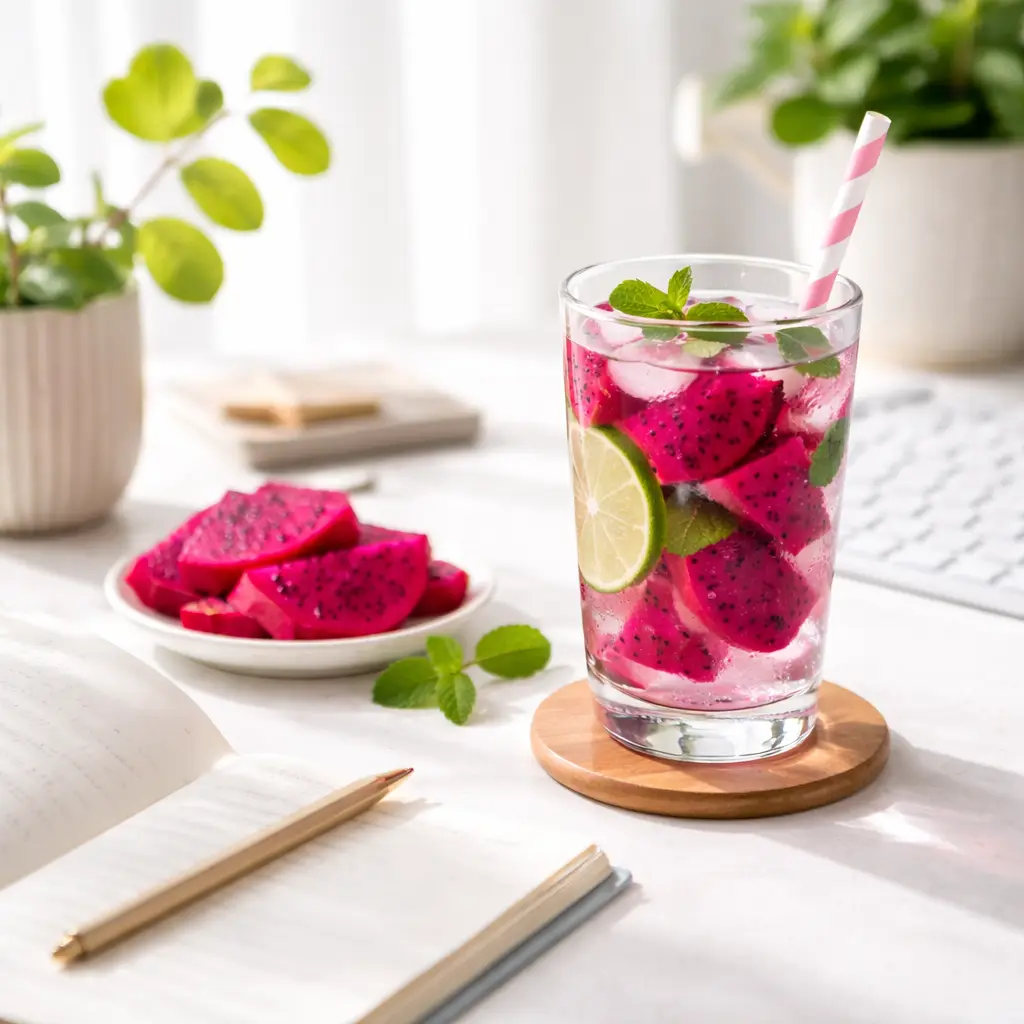 Dragon fruit detox concept with infused water and fresh pitaya